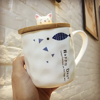 Novi Japonski Slog Srčkan Preproste Ustvarjalne Mačka In Ribe Znamke Keramični Pokal Cartoon Z Žlico In Pokrov Zajtrk Mleko Pokal