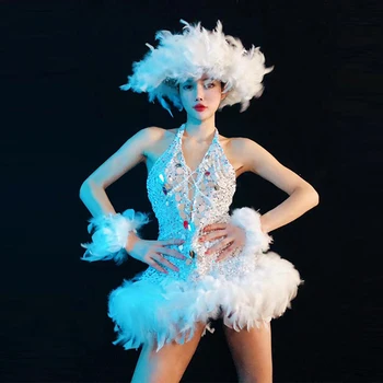Seksi Backless Sequins Pero Jumpsuit Pole Dance Kostum Stranka Karneval Rave Obleko, nočni klub Gogo Kažejo Fazi Obrabe VDB6000