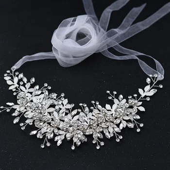 SH349 Poročni Dodatki, Pasovi Za Ženske Beli Trak Poročne Nosorogovo Pasu Cvetje za Obleke, Ročno izdelane Srebrne Crystal Slike 2