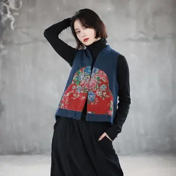 2023 jeseni, pozimi novi Kitajski slog tang obleke etnične slog waistcoat retro ploščo gumb bombažno jakno cvet natisnjeni telovnik a721 Slike 2