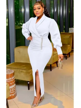 Afriške Obleke Za Ženske Svate Haljo Afriki Oblačila Dashiki Spadajo Trdne Proti-Vrat Split Hip Zaviti Elegantno Obleko Bele Vestido Slike 2