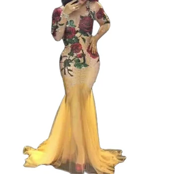 Ženske Rumena Neto Preja Dolgo Prikrojevanja Obleko Suh Stretch Bling Okrasnih Obleko Rose Tiskanja Pevka Uspešnosti Fazi Nositi Kostum