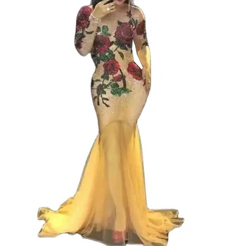 Ženske Rumena Neto Preja Dolgo Prikrojevanja Obleko Suh Stretch Bling Okrasnih Obleko Rose Tiskanja Pevka Uspešnosti Fazi Nositi Kostum Slike 2