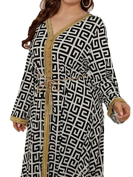 Plus Velikost Etničnih Maxi obleke za Ženske 2021 Novo Zlato Pentljo Mozaik V Vratu Dolg Rokav Skromno Muslimanskih arabski Oblačila