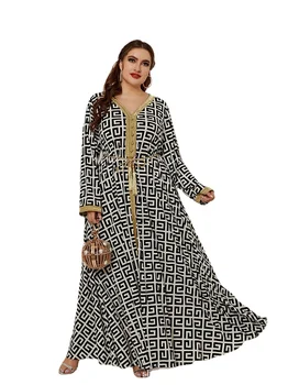 Plus Velikost Etničnih Maxi obleke za Ženske 2021 Novo Zlato Pentljo Mozaik V Vratu Dolg Rokav Skromno Muslimanskih arabski Oblačila Slike 2