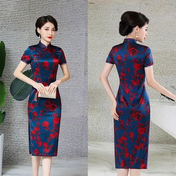 2022 Novo Svile Kitajski Stil Oblačenja Žensk Mandarin Ovratnik Qipao Tradicionalni Banket Obleko Slim Vestidos Cvjetnim Tiskanja Cheongsam
