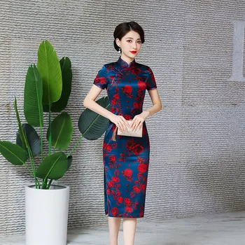 2022 Novo Svile Kitajski Stil Oblačenja Žensk Mandarin Ovratnik Qipao Tradicionalni Banket Obleko Slim Vestidos Cvjetnim Tiskanja Cheongsam Slike 2