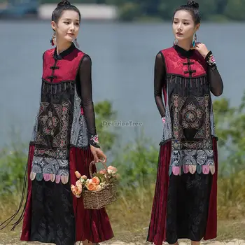 2023 novi kitajski nacionalni slog stoji ovratnik vezenine brez rokavov obleka ženska moda za jesen in zimo svoboden priložnostne obleko Slike 2