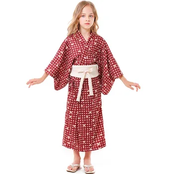 Otrok Otroci Tradicionalni Japonski Kimono Kostum Za Dekleta Rdeče Kariran Cvetlični Yukata Dolgo Haljo Halloween Fotografija Fancy Oblačenja