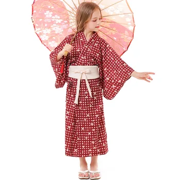 Otrok Otroci Tradicionalni Japonski Kimono Kostum Za Dekleta Rdeče Kariran Cvetlični Yukata Dolgo Haljo Halloween Fotografija Fancy Oblačenja Slike 2