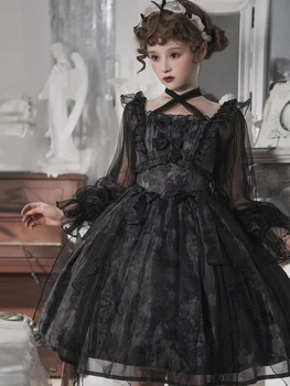 Goth Lolita Op Temno Dekleta Cosplay Gothic Veter Loli Visoko Pasu Očesa Dnevno Obleko Op Dolg Rokav Moda Obleko Lolitas