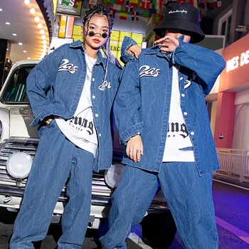 Otroški Hip-Hop Denim Dolgo Oplaščeni Kpop Oblačila Za Dekleta Jazz Plesne Kostume Fantje Dvorana Hip Hop Uspešnosti Obrabe DN13299 Slike 2