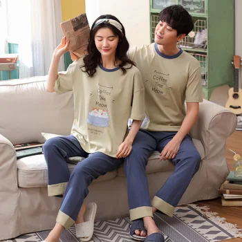 Ženske in moški novo poletje bombaž korejski doma puloverju priložnostne in udobno kratek rokav hlače dva kosa pajama določa pižami