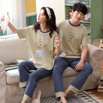 Ženske in moški novo poletje bombaž korejski doma puloverju priložnostne in udobno kratek rokav hlače dva kosa pajama določa pižami Slike 2