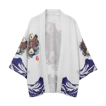 Japonski Moški Val Krap Natisnjeni Beli Kimono Obi Jopico Tradicionalna Japonska Oblačila Yukata Haori