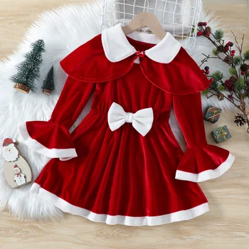 Toddlers Dekleta Božič Obleke Božič Temo Stranki Santa Claus Cosplay Kostum Kvadratnih Vratu Dolg Rokav Bowknot Obleke z Ruto Slike 2