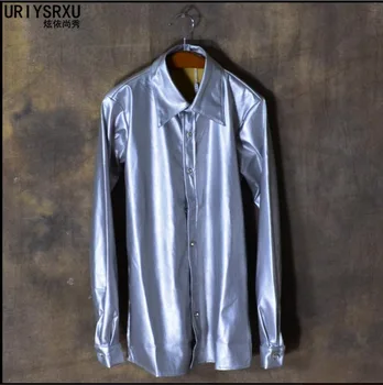 S-3xl 2018 Jeseni Novi korejski Moške Priložnostne Dolgo sleeved Majico Tide Slim Usnje Moda Shirt Obleko Pevka Fazi Kostumi