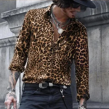 Moška Majica Leopard Tiskanja Long Sleeve Majica Priložnostne Počitnice moška Oblačila