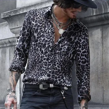 Moška Majica Leopard Tiskanja Long Sleeve Majica Priložnostne Počitnice moška Oblačila Slike 2