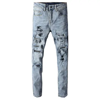Ameriška Ulica Moda Za Moške Jeans Retro Modra Slim Fit Uničeno Ripped Kavbojke Moški Beading Naslikal Oblikovalec Hip Hop Punk Hlače
