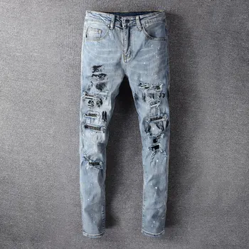 Ameriška Ulica Moda Za Moške Jeans Retro Modra Slim Fit Uničeno Ripped Kavbojke Moški Beading Naslikal Oblikovalec Hip Hop Punk Hlače Slike 2