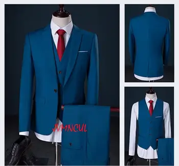 Moda za moške Jezero modre obleke Formalno Poslovno Obleko Obleke Slim Fit Moški Jopiči 3 kosov obleke, Poročni Ženina Prom Stranka Tuxedos