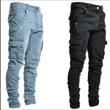 Evropa in Amerika Nove Kavbojke Moški Strani Pocket Skinny Jeans Moške Energije