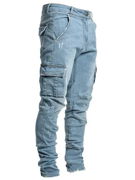 Evropa in Amerika Nove Kavbojke Moški Strani Pocket Skinny Jeans Moške Energije Slike 2