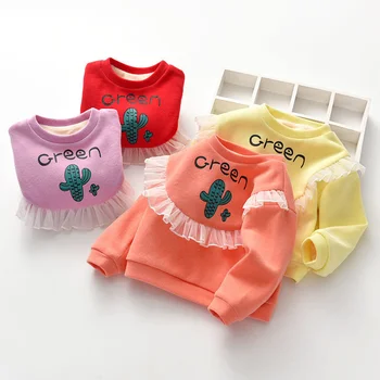 Baby spomladi in jeseni plus žamet pulover, čipke, zadebelitev, dolgo sleeved tujih slog, barva in tiskanih dno majica