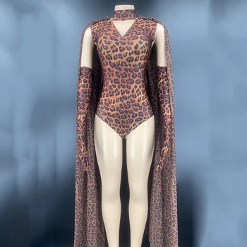 Ženske Pevka Kažejo Uspešnost Kostum Leopard Vzorec Obleka, Rokavice Top Moda Seksi V Vratu Rojstni Dan Obleko Bodycon Slike 2