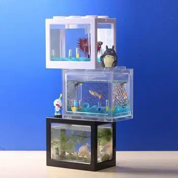 Mini Fish Tank Plazilcev Pet Boxs Stackable Akvarij Ustvarjalne Gradnik Ribe Valj Krajine Seawe Urad za Dekoracijo