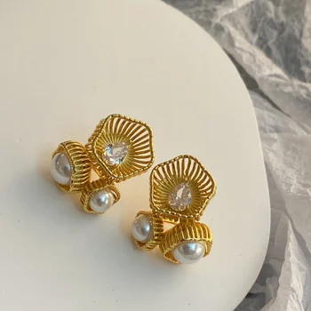 Retro-iz kovine pearl cirkon cvet modeliranje visoko-kakovostni razred uho stud ženski prstan