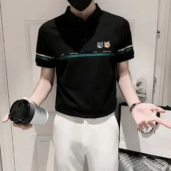 Moška majica fashion dveh glav fox logotip vezene appliqued polo majica t poletje udobno dihanje kratek rokav golf vrhovi Slike 2