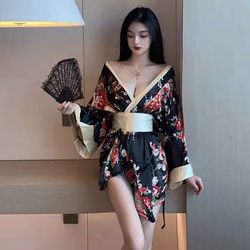 Ženske Japonski Kimono Style Oblačilih, Orientalski Obleka Lady Rdeče Črni Proti-vrat Seksi Obleko Cvet Tiskanja Yukata kopalni plašč Obleke Obleke