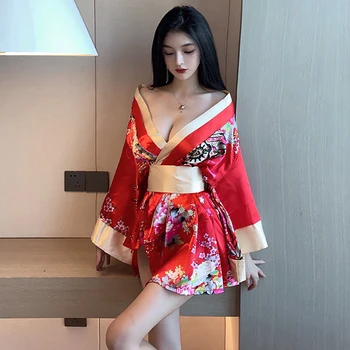 Ženske Japonski Kimono Style Oblačilih, Orientalski Obleka Lady Rdeče Črni Proti-vrat Seksi Obleko Cvet Tiskanja Yukata kopalni plašč Obleke Obleke Slike 2