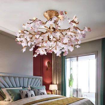 Francoska romantična spalnica, dnevna soba družino led lestenec, retro ustvarjalne roza cvet baker veje, Design, Umetnost Lestenec Slike 2