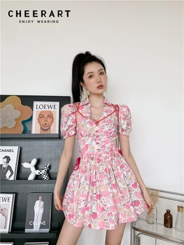 CHEERART Y2k Roza Cvetlični izrežemo Kawaii Srčkan korejski Moda Obleko Za Ženske 2022 Puff Rokav V Vratu Tunika Črto Mini Obleka