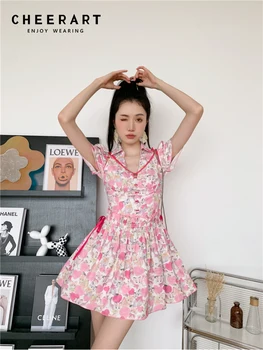 CHEERART Y2k Roza Cvetlični izrežemo Kawaii Srčkan korejski Moda Obleko Za Ženske 2022 Puff Rokav V Vratu Tunika Črto Mini Obleka Slike 2