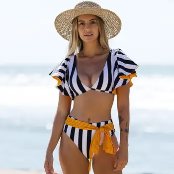 Prugasta Tiskanja Ruffle Kopalke Visoko Pasu Dvodelni Bikini Seksi Trikotnik Pokal Slim Backless Plažo Moda 2022 Ženske Kopalke