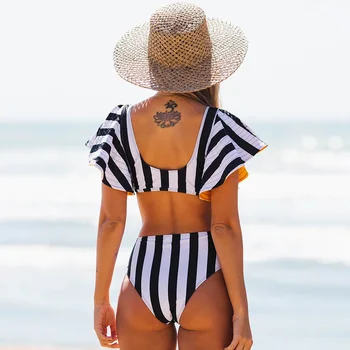 Prugasta Tiskanja Ruffle Kopalke Visoko Pasu Dvodelni Bikini Seksi Trikotnik Pokal Slim Backless Plažo Moda 2022 Ženske Kopalke Slike 2