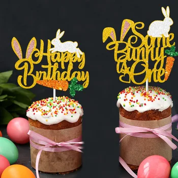 Happy Birthday Cake Zastav Zajec Korenja Torto Velikonočni Pokrivalo Nekaj Zajček Je Eden Doma Stranka Torto Peko Dekor DIY