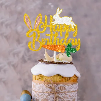 Happy Birthday Cake Zastav Zajec Korenja Torto Velikonočni Pokrivalo Nekaj Zajček Je Eden Doma Stranka Torto Peko Dekor DIY Slike 2