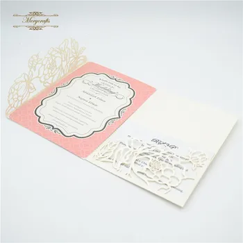 Lepo Luksuzni Tri krat Kartice Poroko Design Laser Cut cvetlični Poročno Vabilo Kartice žep Slike 2