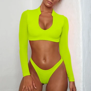 7 Barvo Očesa Dolg Rokav Neon Bikini Komplet Dva Kosa Kopalke Za Ženske Pad Kopalke Ženske 2019 Visoko Pasu Izpuščaj Stražar Plažo