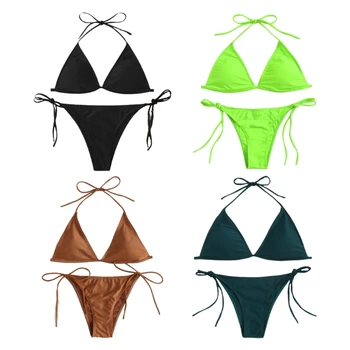 Ženske Seksi 2Pcs Brazilski Bikini Komplet Povodcem Niz Trikotnik Kopalke Neon Barva Strani Kravato Visoko Izreži Push Up kopalke