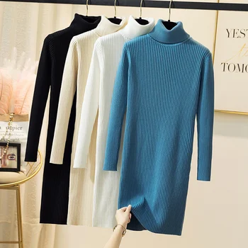 Črna turtleneck Kašmir plesti Pulover Obleko ženski jeseni, pozimi 2022 Novi korejski Elegantno Vitek dolgo dno puloverji obleke