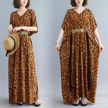 Bohemian Priložnostne Pasu Vezene Vestidos De Mujer Svoboden Leopard Haljo Longue Femme Moda Obleke Za Ženske Vestidos