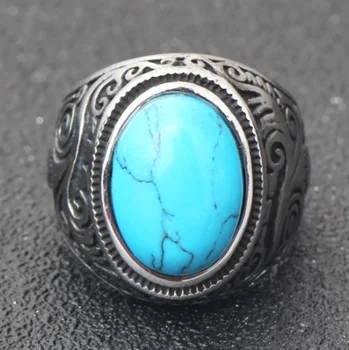 Juno Veliko modro agate vintage nakit zlitina tesnilo za moške Obroč, Nakit, velikost 7-14 Slike 2
