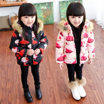 Korejski Dekleta Vzorec Hooded Suknjič Pozimi Bombaž Srčkan Risanka Coats Vrhnja oblačila otroška Oblačila od 3-7 Let