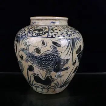 Kitajski Porcelan Odprite Rezine Modre in Bele Ribe Alge Vzorec Jar Slike 2